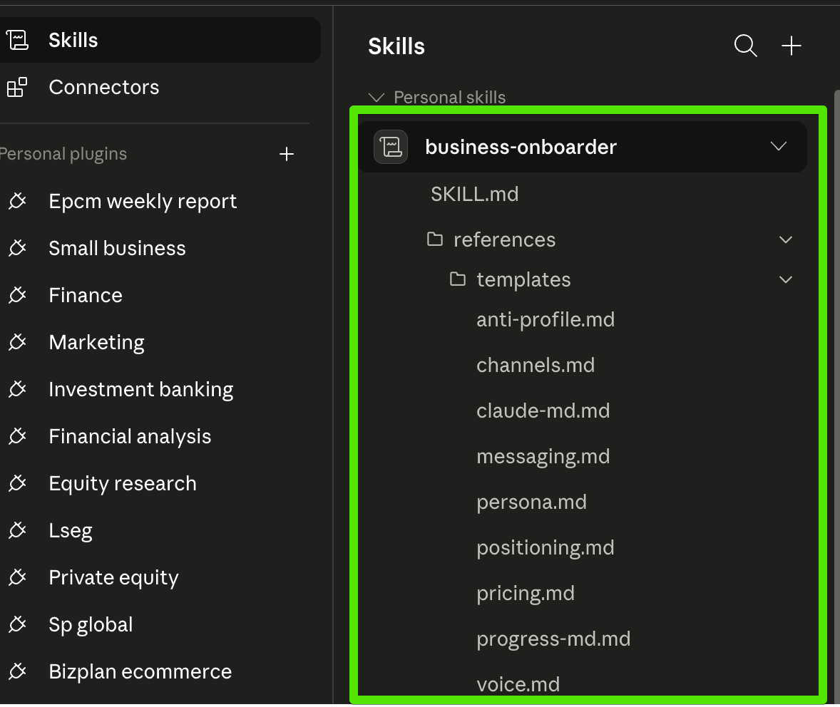 The business-onboarder skill installed in Cowork's Personal Skills list